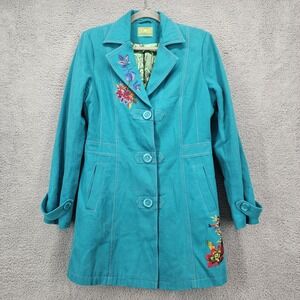 Tracy Porter Medium Teal Blue Embroidered Floral Canvas Coat Jacket Lining